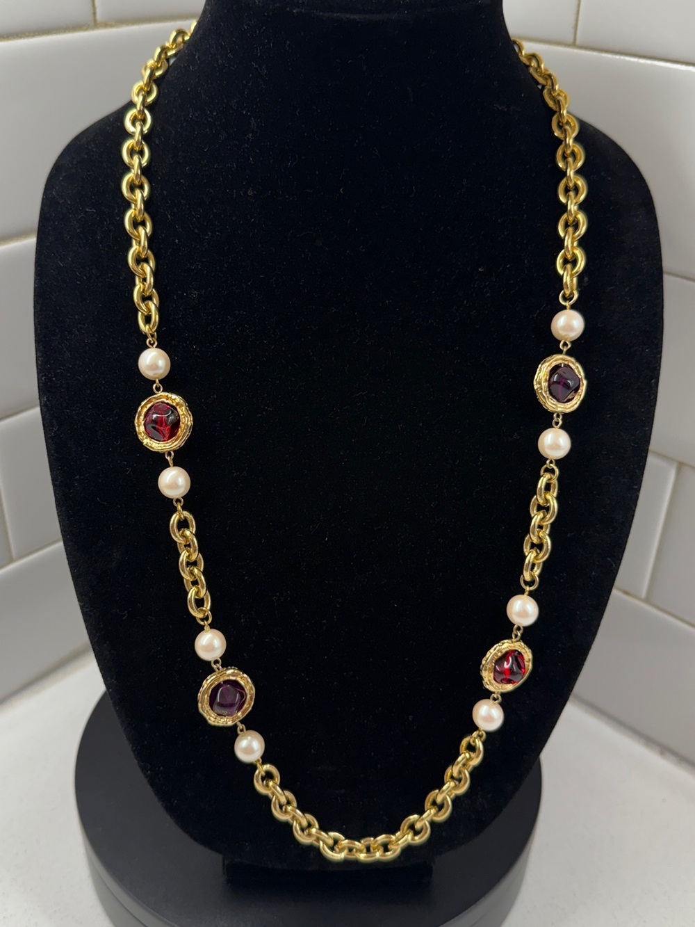 Gold-Tone Pearl Necklace with Red Gem Accents